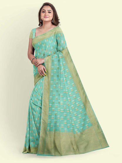 Faishana Presents Sea Green Kora Cotton Chunri Booti With Sea Green Blouse Banarasi Saree