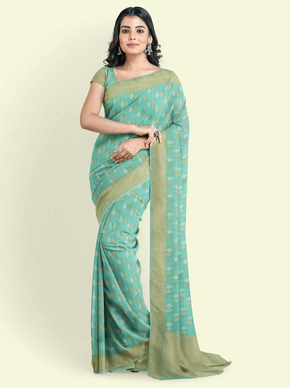 Faishana Presents Sea Green Kora Cotton Chunri Booti With Sea Green Blouse Banarasi Saree