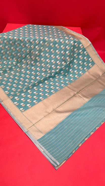 Faishana Presents Sea Green Kora Cotton Chunri Booti With Sea Green Blouse Banarasi Saree