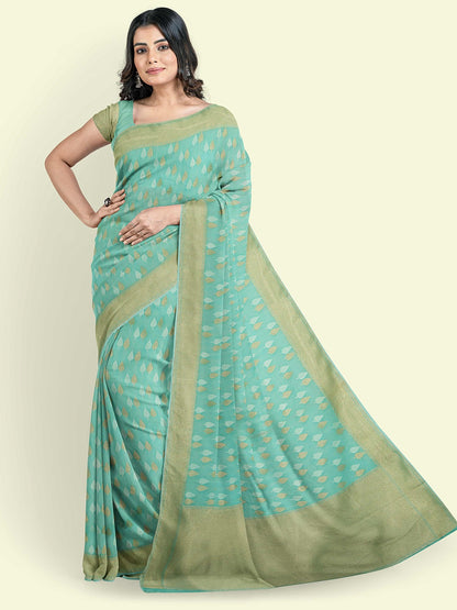 Faishana Presents Sea Green Kora Cotton Chunri Booti With Sea Green Blouse Banarasi Saree