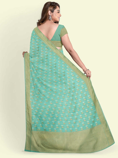 Faishana Presents Sea Green Kora Cotton Chunri Booti With Sea Green Blouse Banarasi Saree
