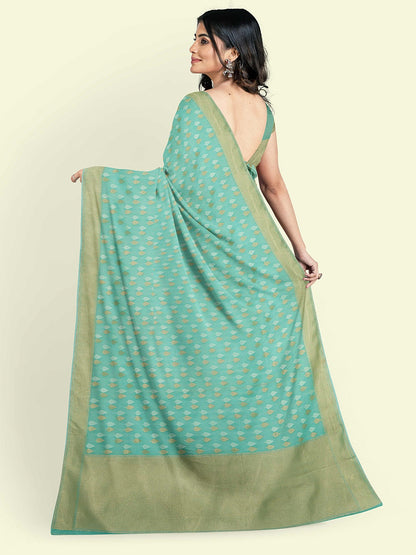 Faishana Presents Sea Green Kora Cotton Chunri Booti With Sea Green Blouse Banarasi Saree