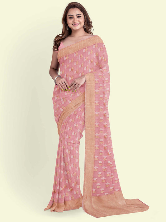 Faishana Presents Peach Kora Cotton Chunri Booti With Peach Blouse Banarasi Saree
