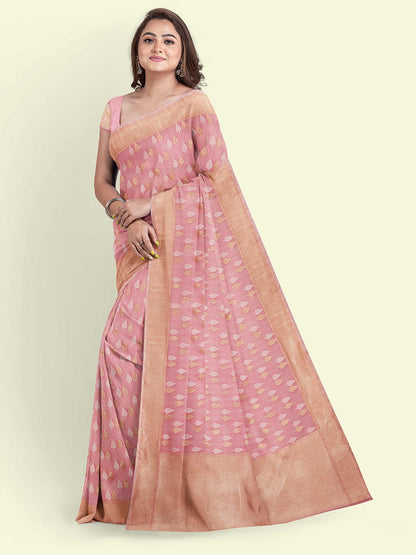 Faishana Presents Peach Kora Cotton Chunri Booti With Peach Blouse Banarasi Saree