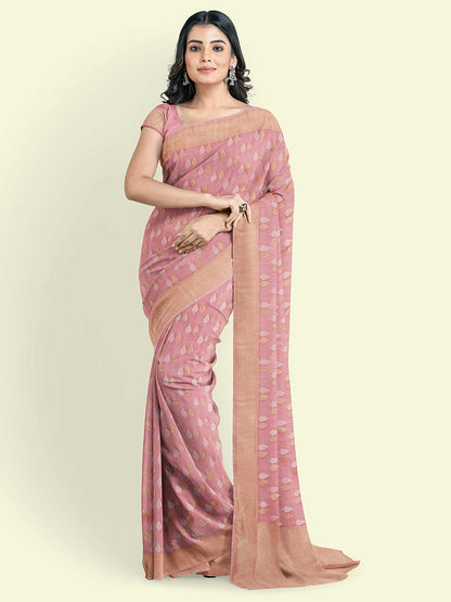 Faishana Presents Peach Kora Cotton Chunri Booti With Peach Blouse Banarasi Saree