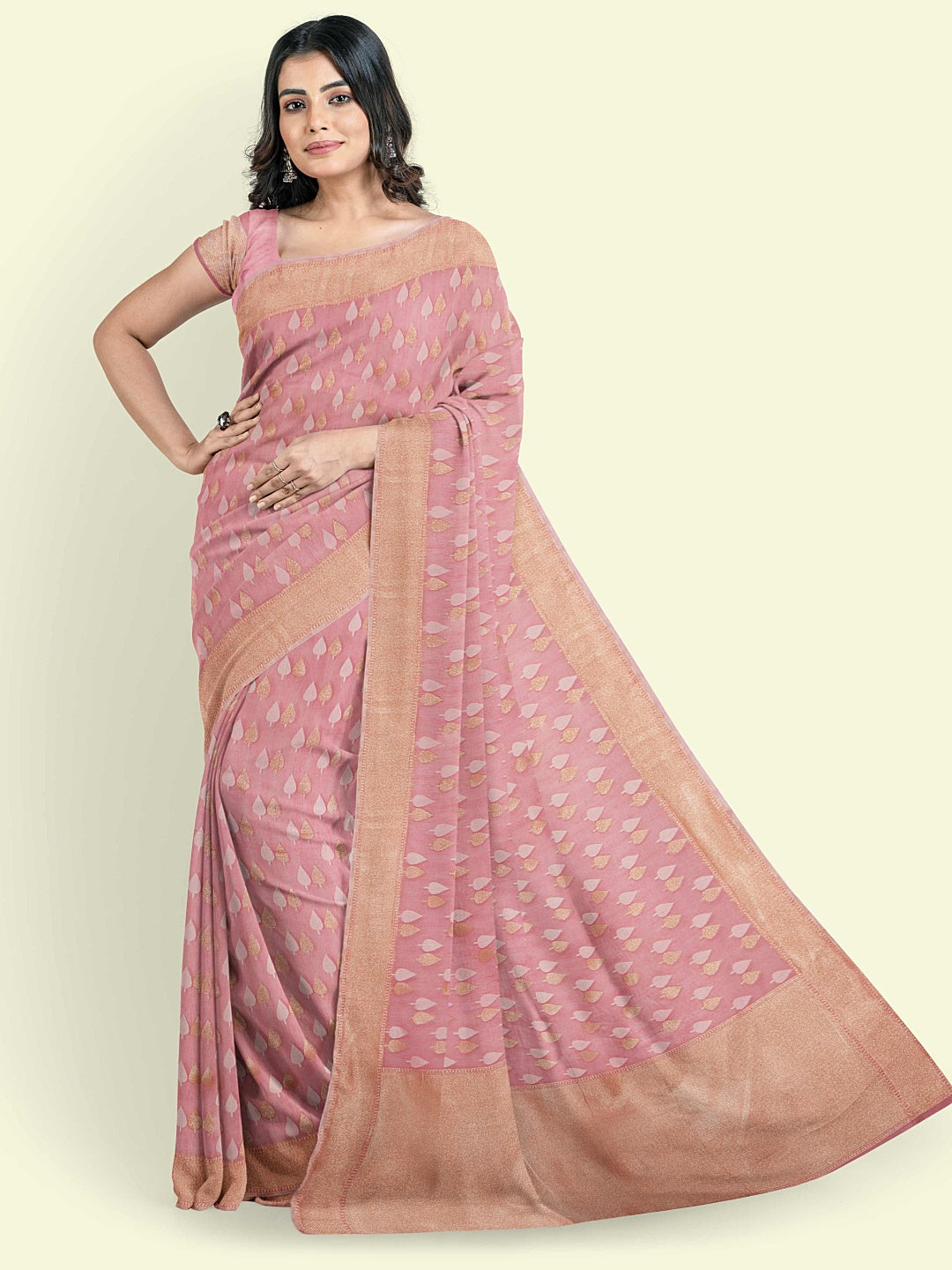 Faishana Presents Peach Kora Cotton Chunri Booti With Peach Blouse Banarasi Saree
