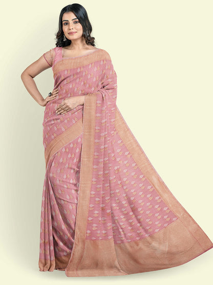 Faishana Presents Peach Kora Cotton Chunri Booti With Peach Blouse Banarasi Saree