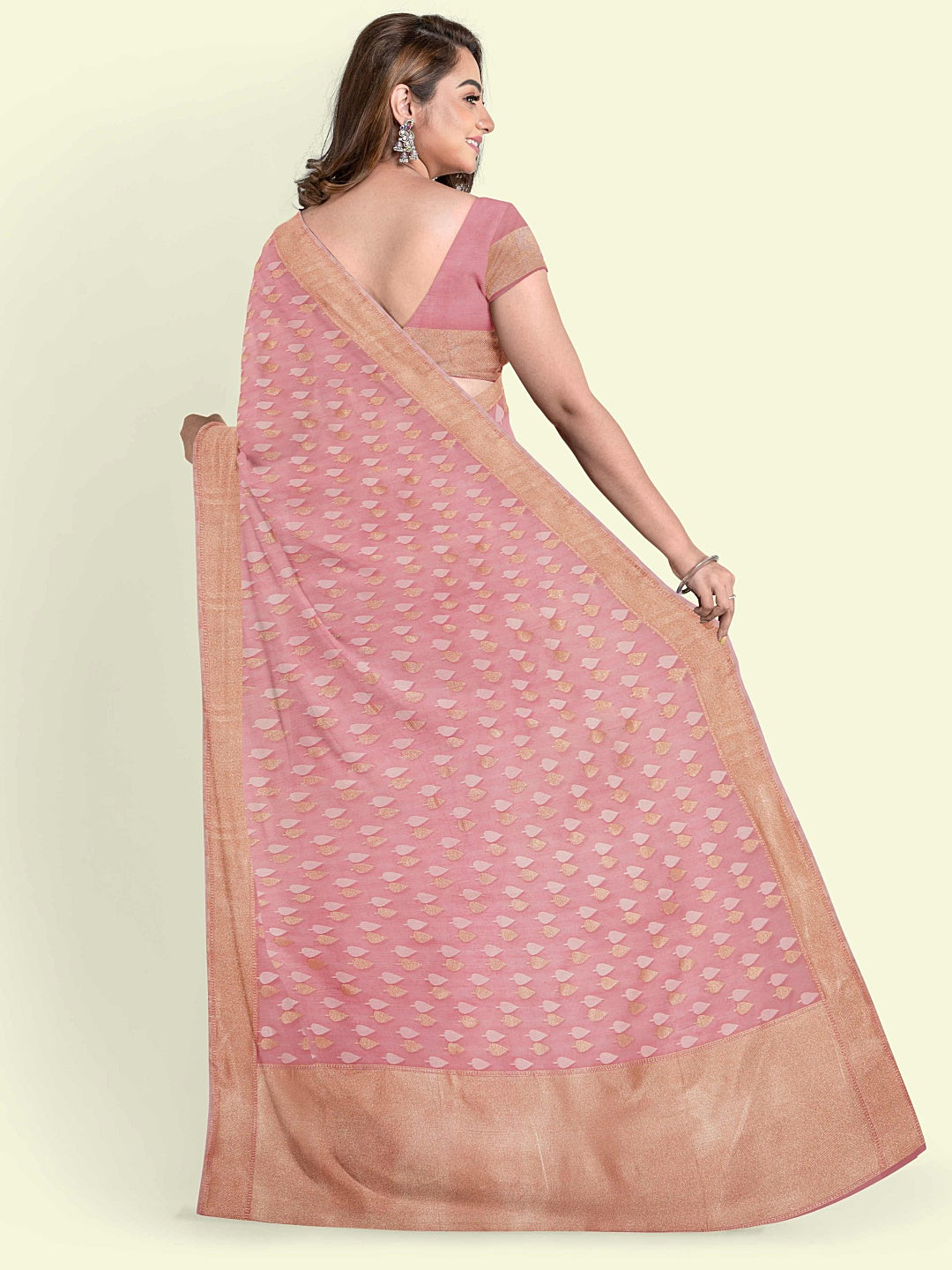 Faishana Presents Peach Kora Cotton Chunri Booti With Peach Blouse Banarasi Saree