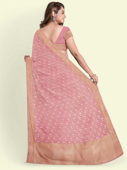 Faishana Presents Peach Kora Cotton Chunri Booti With Peach Blouse Banarasi Saree