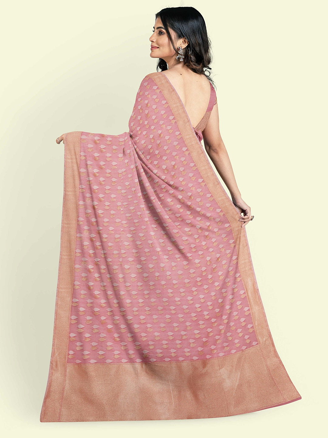 Faishana Presents Peach Kora Cotton Chunri Booti With Peach Blouse Banarasi Saree