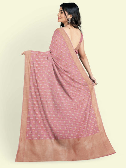 Faishana Presents Peach Kora Cotton Chunri Booti With Peach Blouse Banarasi Saree