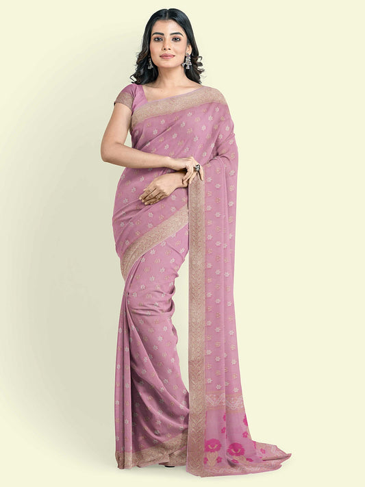 Faishana Presents Pink Kora Cotton Alfi Booti With Pink Blouse Banarasi Saree
