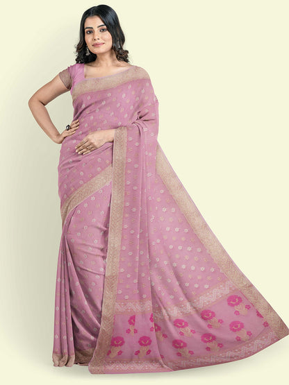Faishana Presents Pink Kora Cotton Alfi Booti With Pink Blouse Banarasi Saree