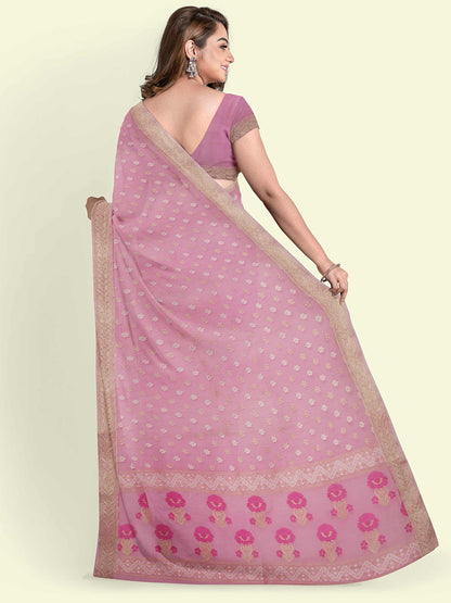 Faishana Presents Pink Kora Cotton Alfi Booti With Pink Blouse Banarasi Saree