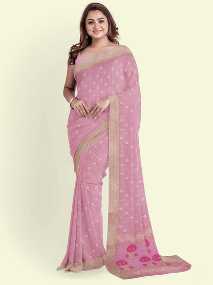 Faishana Presents Pink Kora Cotton Alfi Booti With Pink Blouse Banarasi Saree