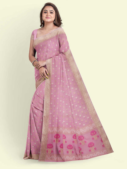 Faishana Presents Pink Kora Cotton Alfi Booti With Pink Blouse Banarasi Saree