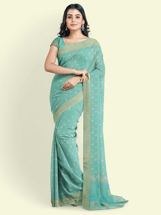 Faishana Presents Sea Green Kora Cotton Alfi Booti With Sea Green Blouse Banarasi Saree