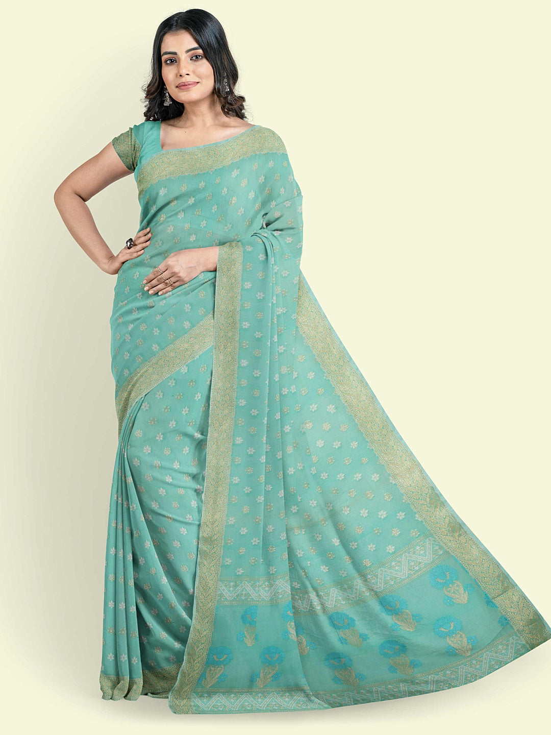 Faishana Presents Sea Green Kora Cotton Alfi Booti With Sea Green Blouse Banarasi Saree