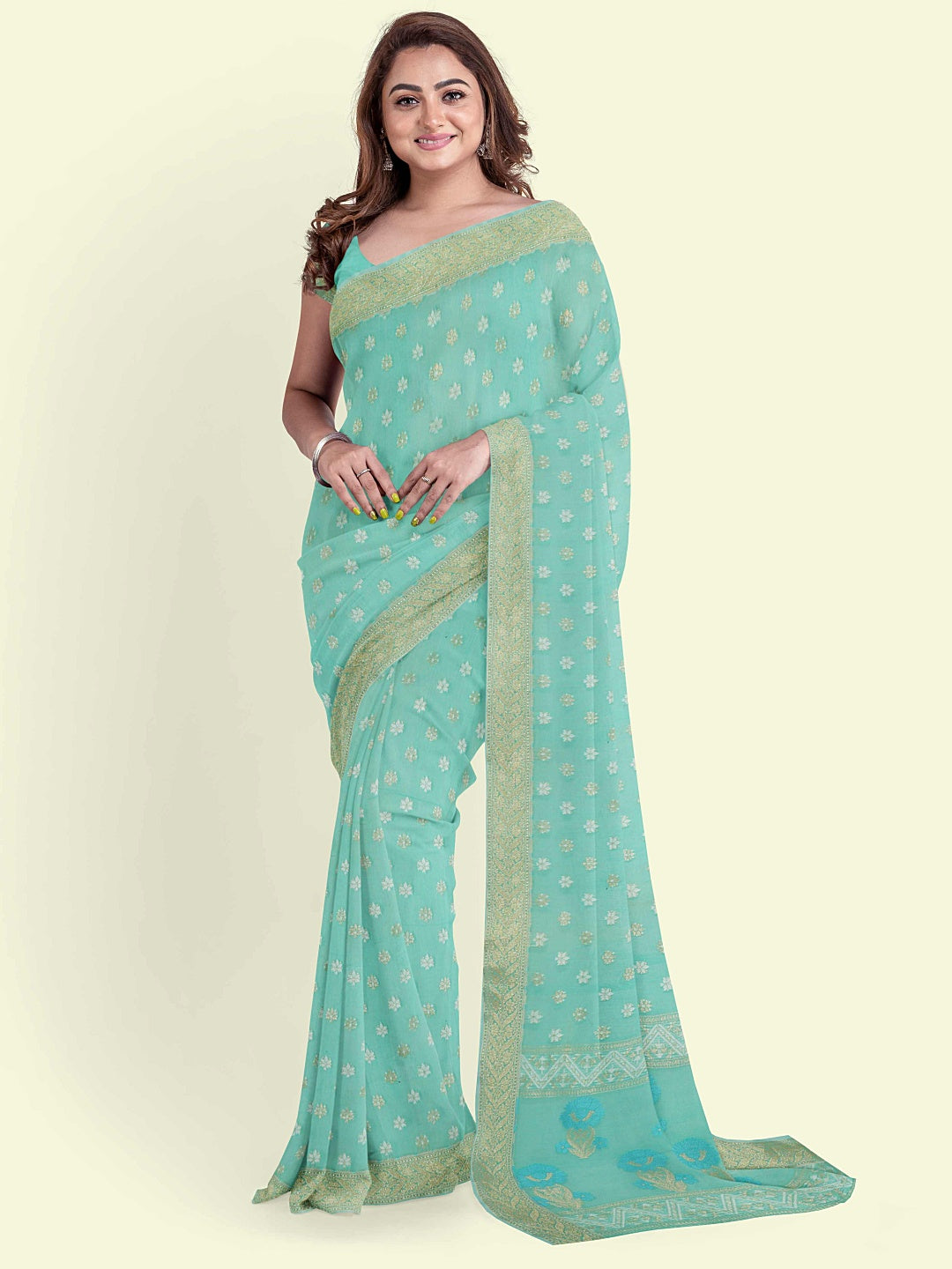 Faishana Presents Sea Green Kora Cotton Alfi Booti With Sea Green Blouse Banarasi Saree