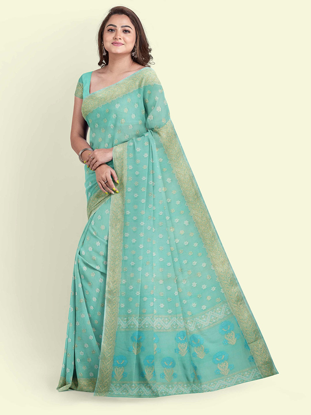 Faishana Presents Sea Green Kora Cotton Alfi Booti With Sea Green Blouse Banarasi Saree
