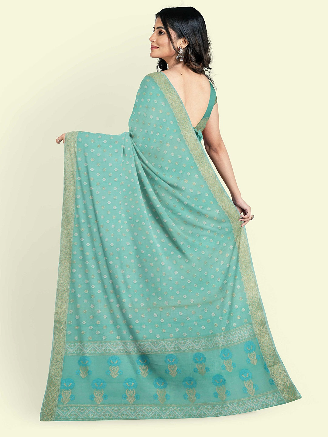 Faishana Presents Sea Green Kora Cotton Alfi Booti With Sea Green Blouse Banarasi Saree