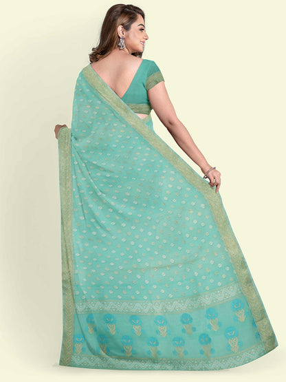 Faishana Presents Sea Green Kora Cotton Alfi Booti With Sea Green Blouse Banarasi Saree