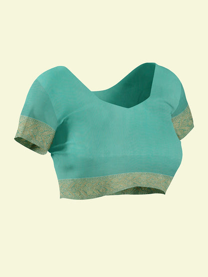 Faishana Presents Sea Green Kora Cotton Alfi Booti With Sea Green Blouse Banarasi Saree