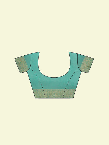 Faishana Presents Sea Green Kora Cotton Alfi Booti With Sea Green Blouse Banarasi Saree