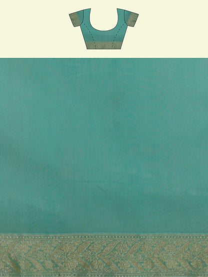 Faishana Presents Sea Green Kora Cotton Alfi Booti With Sea Green Blouse Banarasi Saree