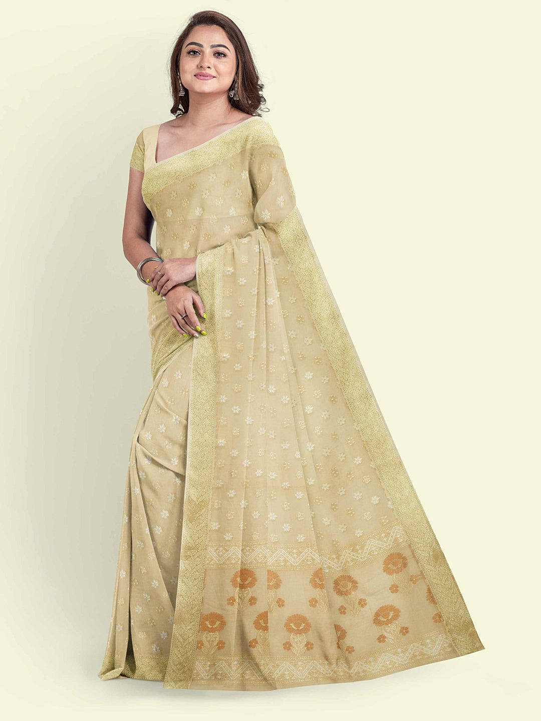 Faishana Presents Beige Kora Cotton Alfi Booti With Beige Blouse Banarasi Saree