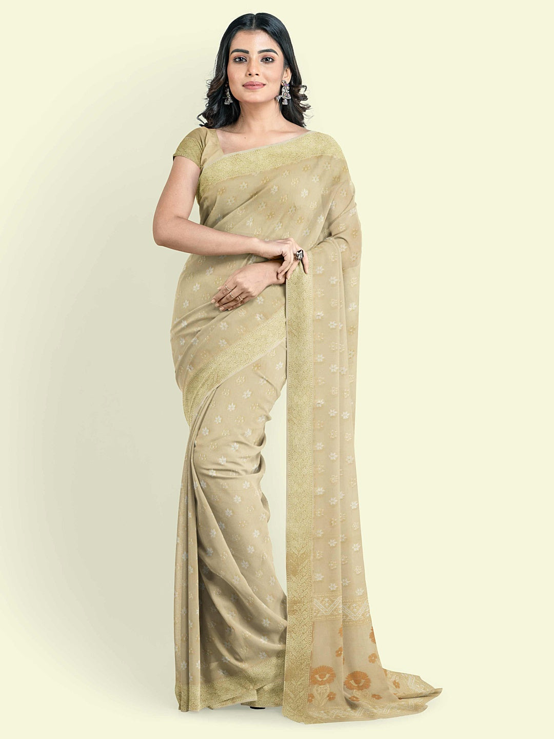 Faishana Presents Beige Kora Cotton Alfi Booti With Beige Blouse Banarasi Saree