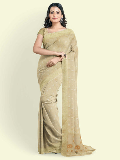 Faishana Presents Beige Kora Cotton Alfi Booti With Beige Blouse Banarasi Saree
