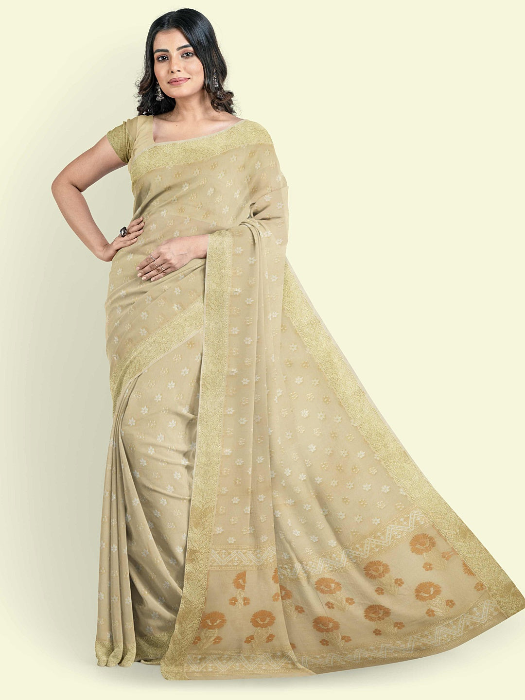 Faishana Presents Beige Kora Cotton Alfi Booti With Beige Blouse Banarasi Saree