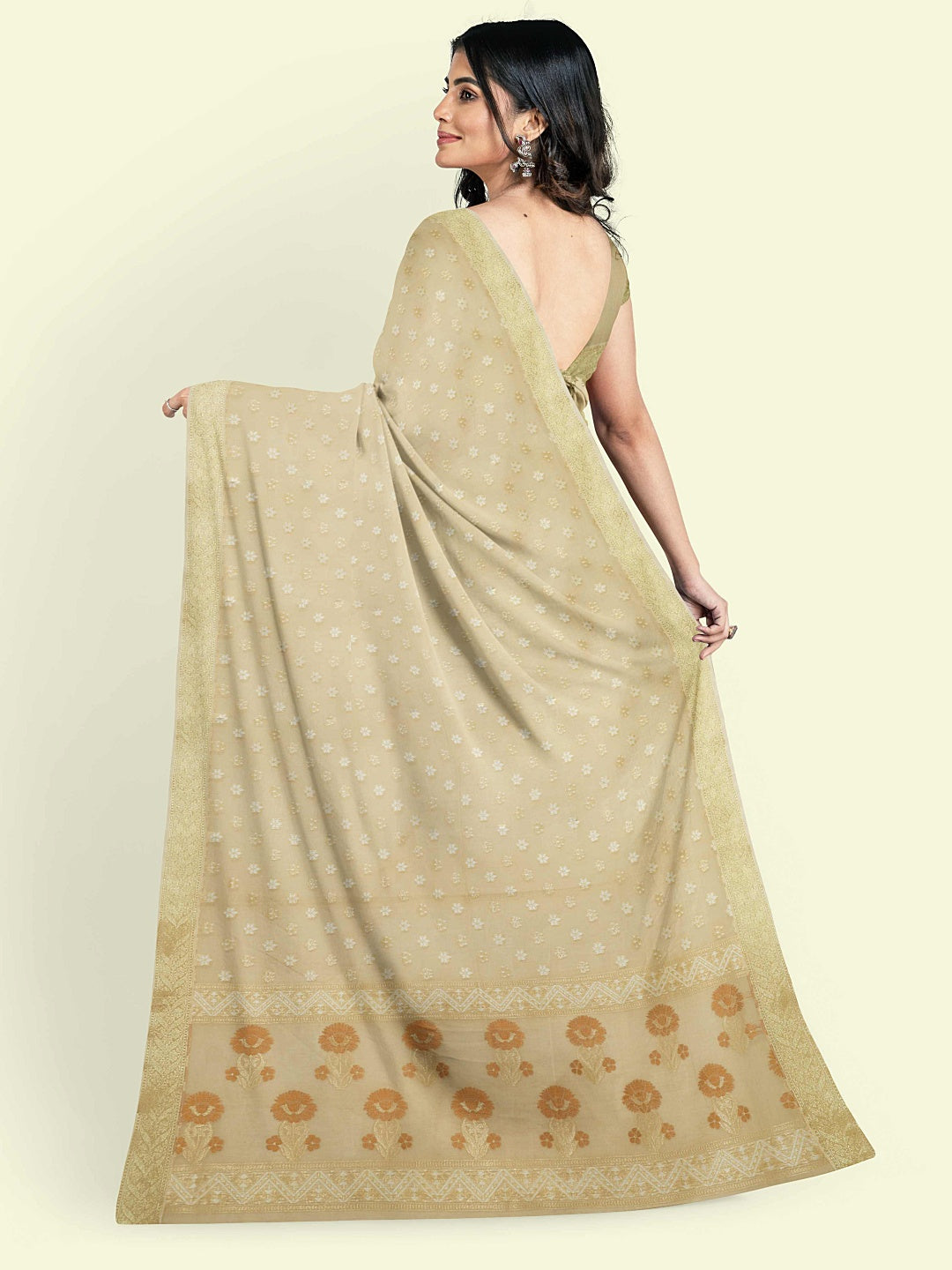 Faishana Presents Beige Kora Cotton Alfi Booti With Beige Blouse Banarasi Saree