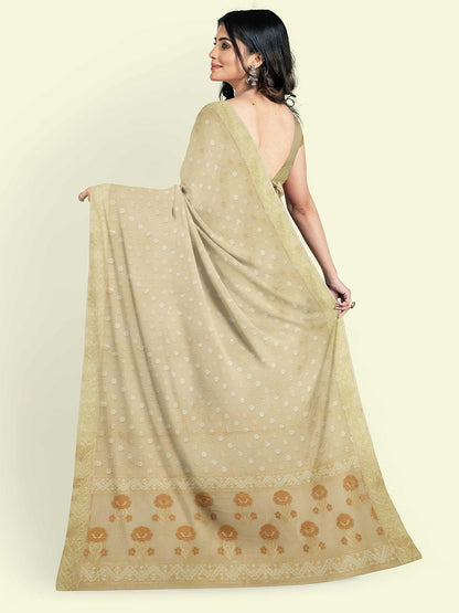Faishana Presents Beige Kora Cotton Alfi Booti With Beige Blouse Banarasi Saree