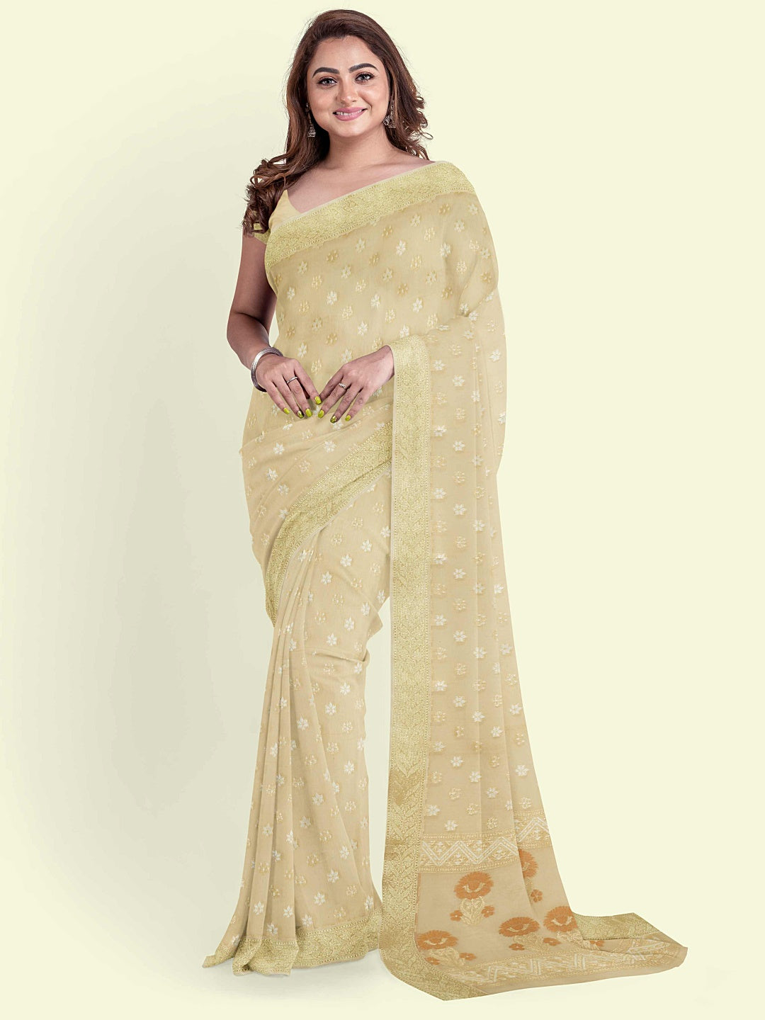 Faishana Presents Beige Kora Cotton Alfi Booti With Beige Blouse Banarasi Saree