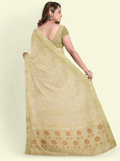 Faishana Presents Beige Kora Cotton Alfi Booti With Beige Blouse Banarasi Saree