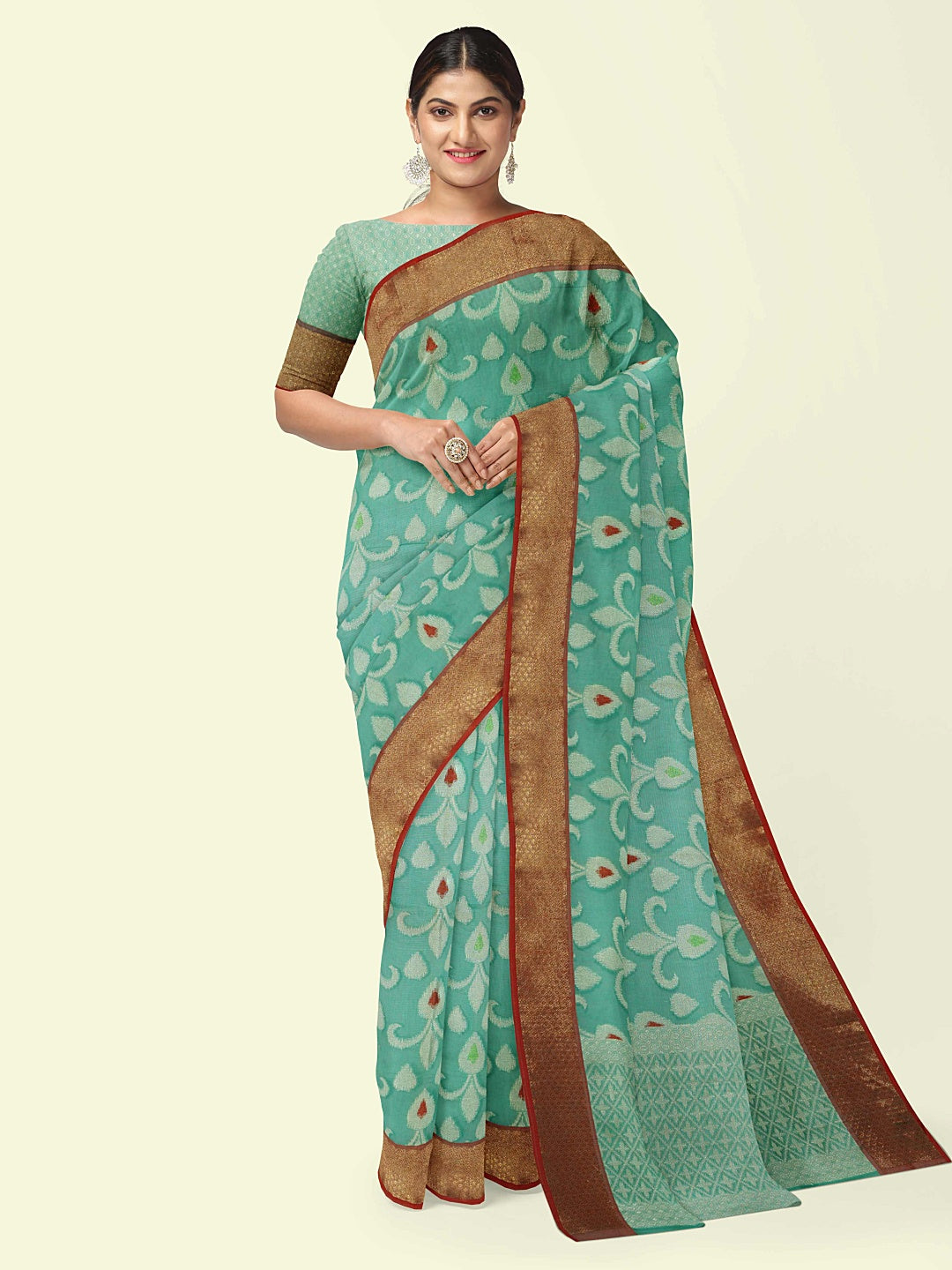 Faishana Presents Sea Green Cotton Resham Mina Zari Tilfi Jaal Contrast Red Zari Border with Seagreen Blouse Banarasi Saree