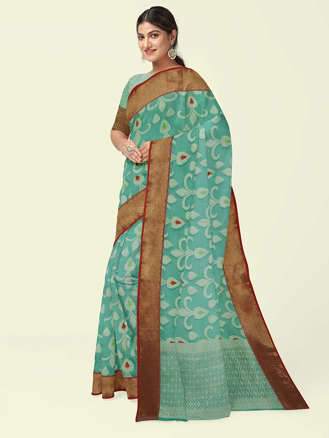 Faishana Presents Sea Green Cotton Resham Mina Zari Tilfi Jaal Contrast Red Zari Border with Seagreen Blouse Banarasi Saree