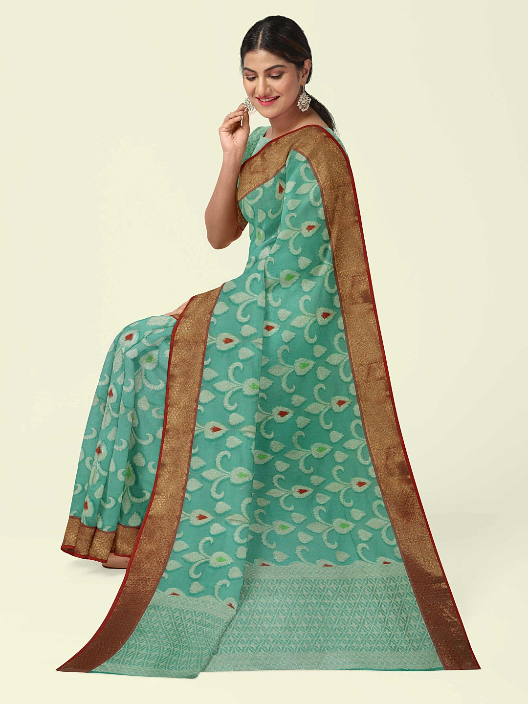 Faishana Presents Sea Green Cotton Resham Mina Zari Tilfi Jaal Contrast Red Zari Border with Seagreen Blouse Banarasi Saree