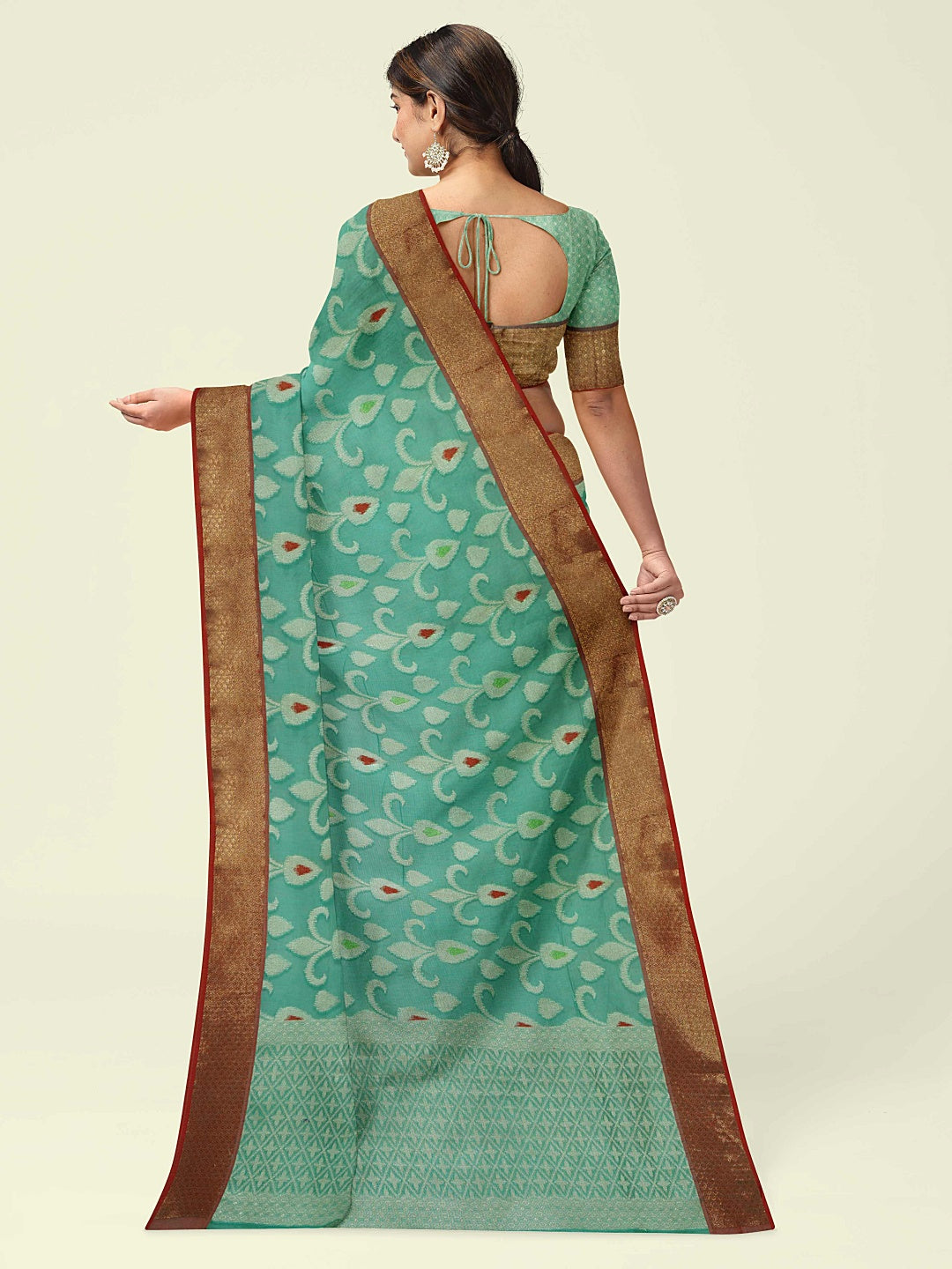 Faishana Presents Sea Green Cotton Resham Mina Zari Tilfi Jaal Contrast Red Zari Border with Seagreen Blouse Banarasi Saree