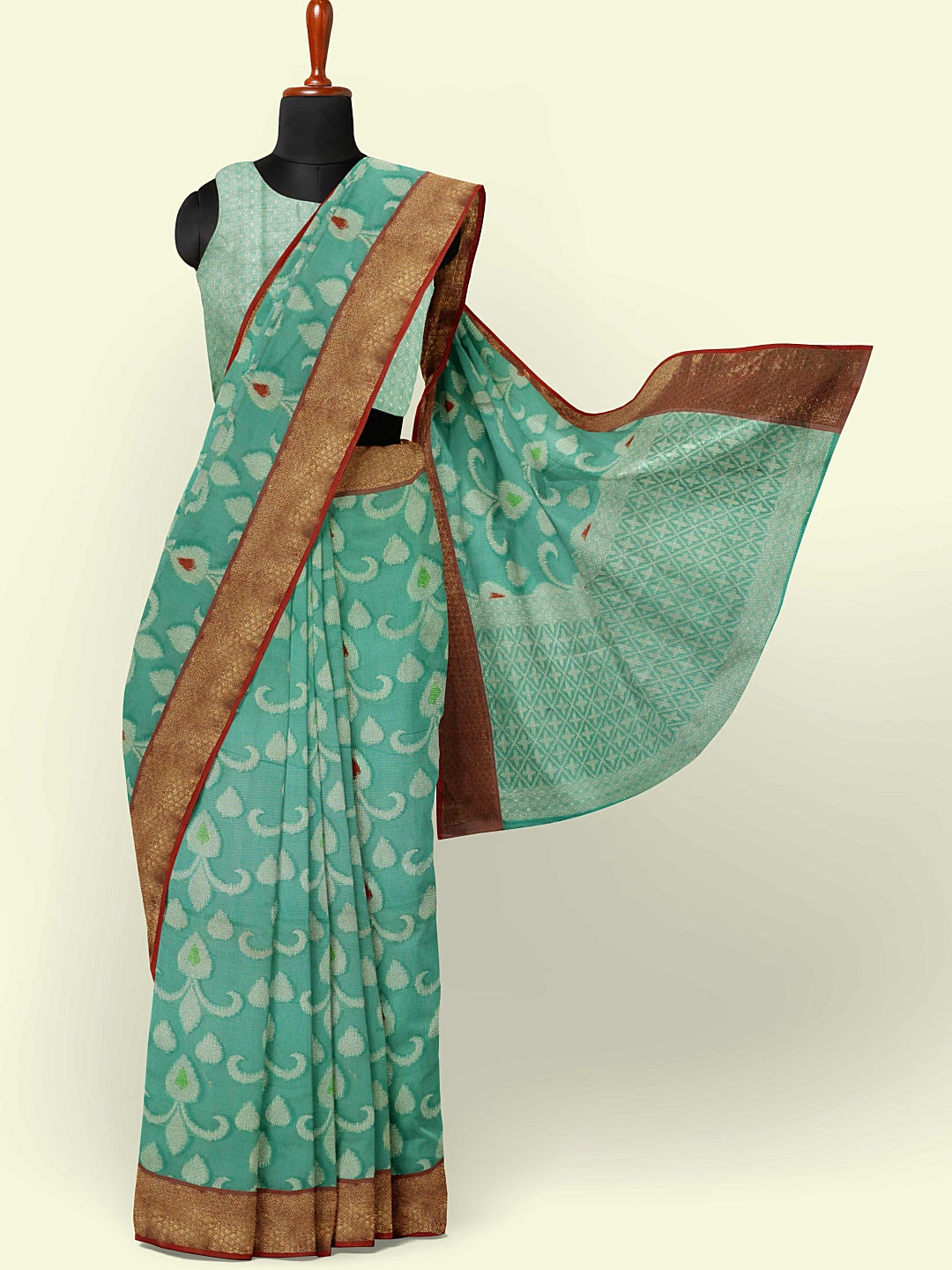 Faishana Presents Sea Green Cotton Resham Mina Zari Tilfi Jaal Contrast Red Zari Border with Seagreen Blouse Banarasi Saree