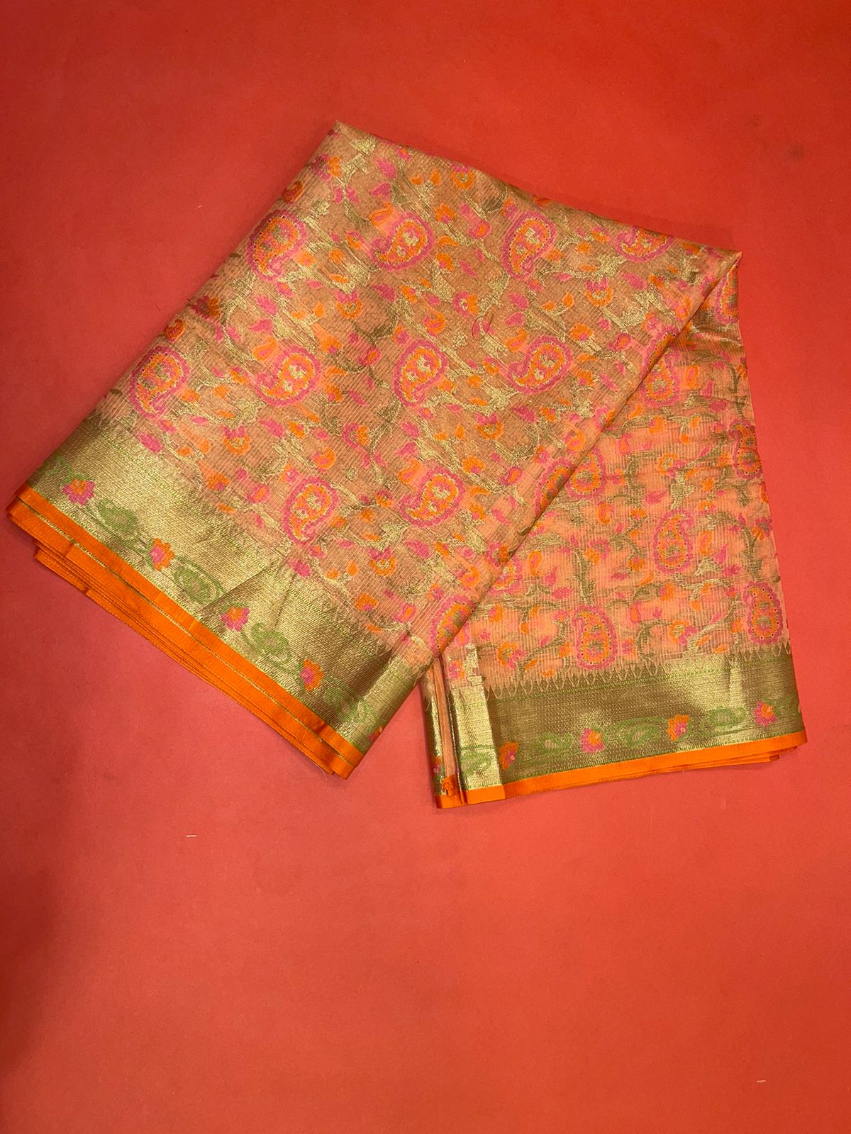 Faishana Presents Sea Green Kora Cotton Alfi Booti With Sea Green Blouse Banarasi Saree