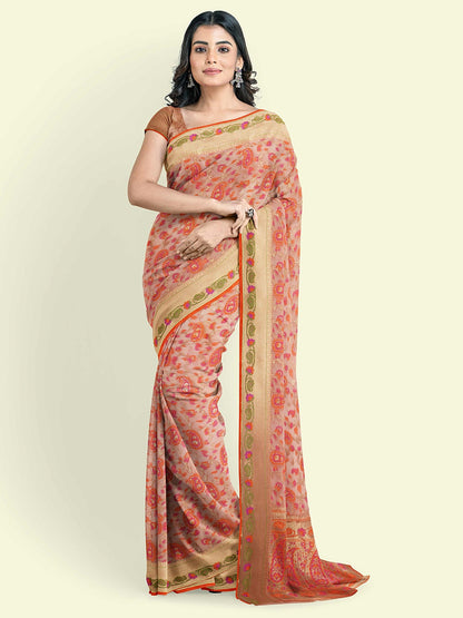 Faishana Presents Sea Green Kora Cotton Alfi Booti With Sea Green Blouse Banarasi Saree