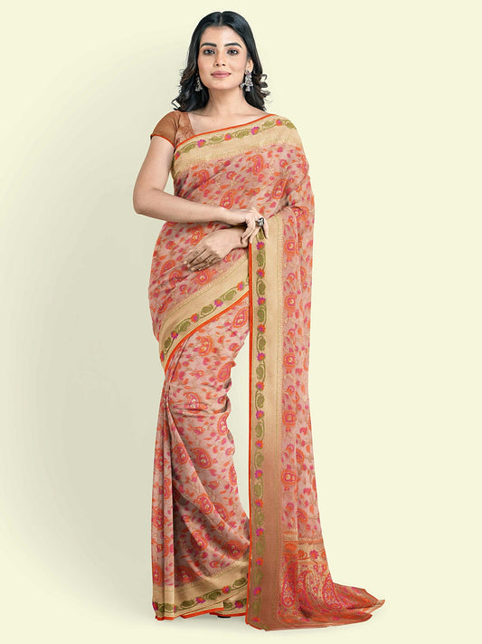 Faishana Presents Sea Green Kora Cotton Alfi Booti With Sea Green Blouse Banarasi Saree