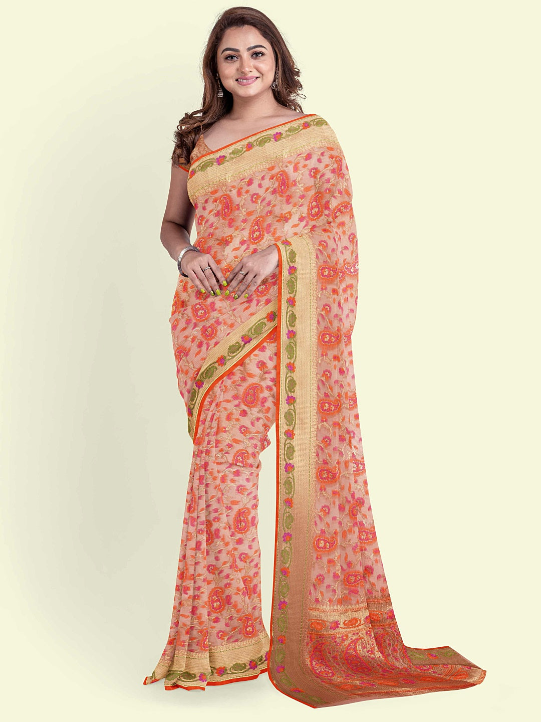 Faishana Presents Sea Green Kora Cotton Alfi Booti With Sea Green Blouse Banarasi Saree