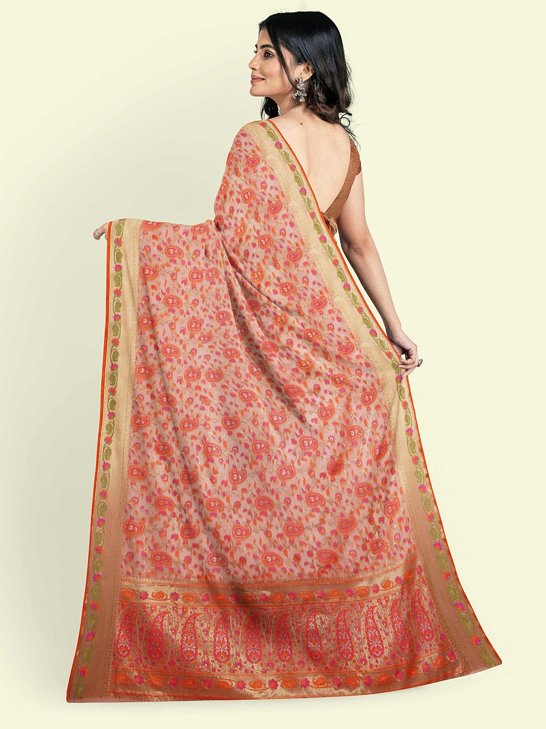 Faishana Presents Sea Green Kora Cotton Alfi Booti With Sea Green Blouse Banarasi Saree