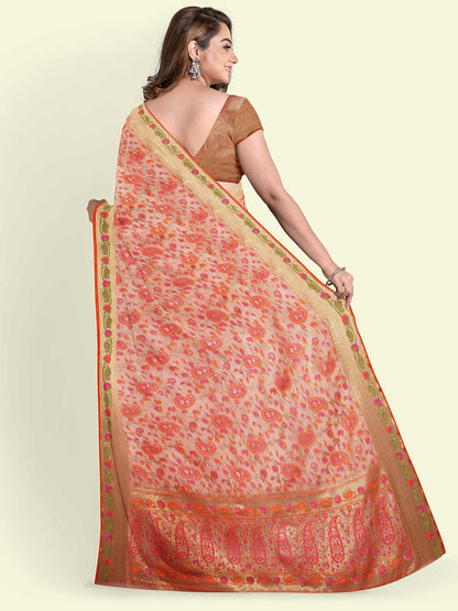 Peach Cotton Blend Banarasi Sarees For Women GEASF_710