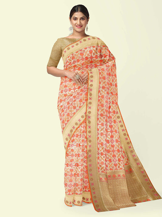 Faishana Presents Beige Abstarct Huge Square Pattern With Beige Border And Beige Blouse Banarasi Saree