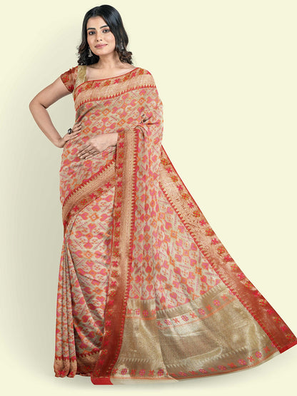 Faishana Presents Beige Floral Jaal Pattern With Beige Border And Beige Blouse Banarasi Saree